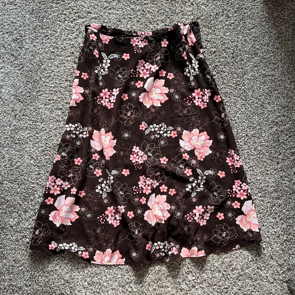 Brown and Pink Floral Midi Skirt